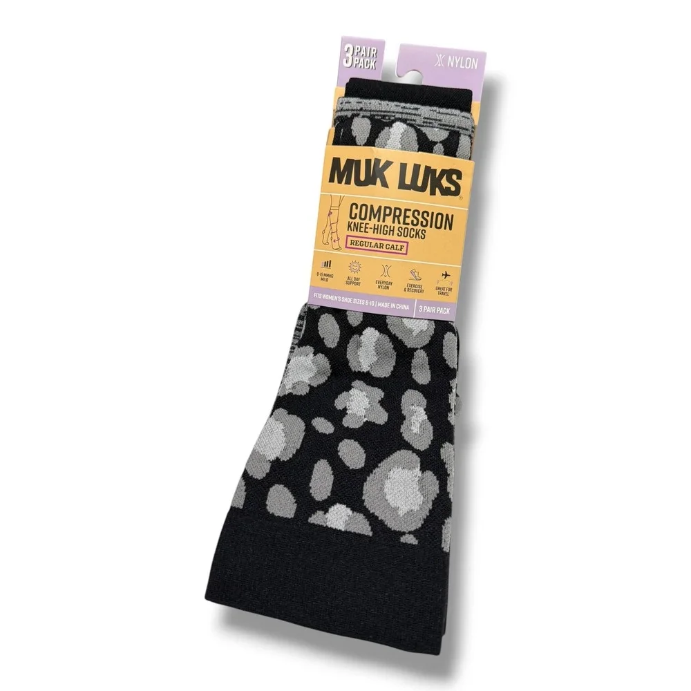 Muk Luks Women's 3 Pair Compression Knee High Socks Black Gray Leopard 8-15 mmHg